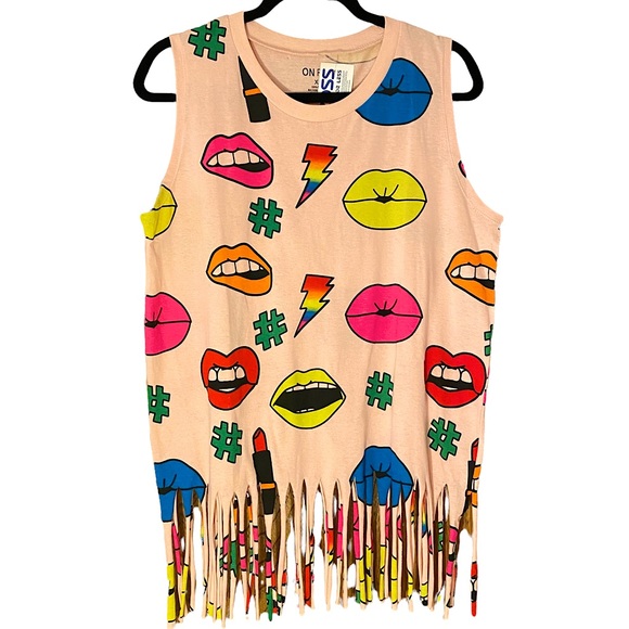 🆕 ON FIRE  | NEON LIPS POP ART FRINGE TANK  SZ XL - Picture 2 of 16